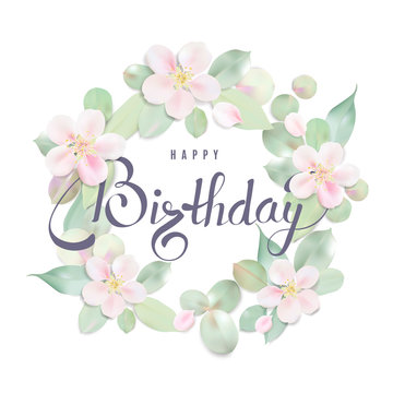 Happy Birthday text calligraphy template with flower petals and lettering.