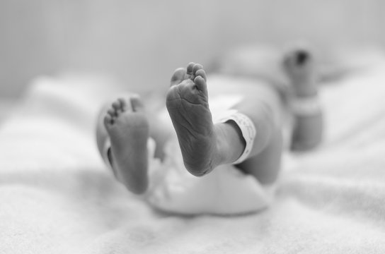 A black and white images of a newborn baby's feet in the neonatal unit in hospital