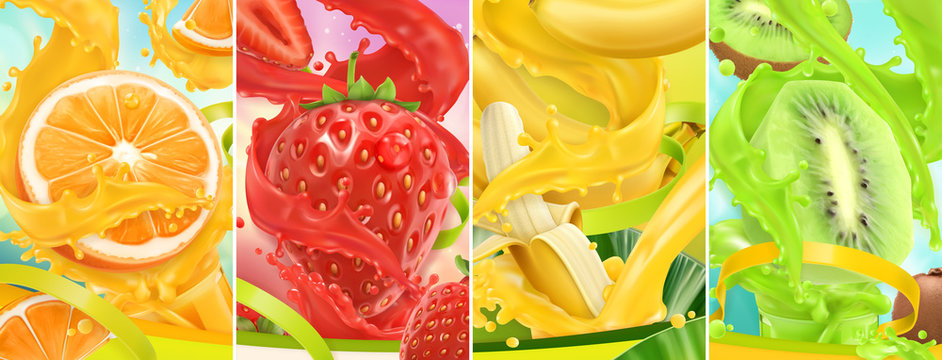Juicy and fresh fruit. Orange, strawberry, banana, kiwi. Juice splash. 3d vector realistic set