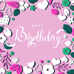 Happy Birthday background template with flowers and lettering.