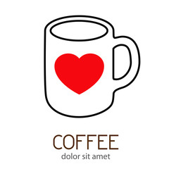 Logotipo abstracto con texto COFFEE con taza lineal color negro con corazón color rojo