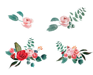 Collection Wedding bridal rustic watercolor bouquet. red and pink and green flowers ornament