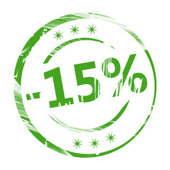 Discount 15% green rubber stamp icon