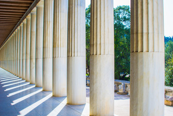Close up of the ancient columns of Attalos stoa in Athens Greece