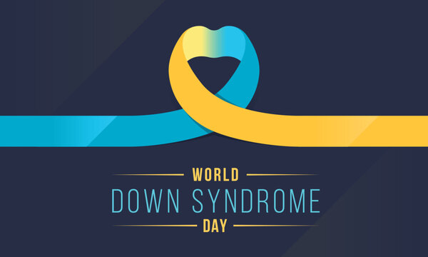World down syndrom day banner with blue and yellow heart ribbon sign vector design