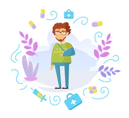 Man with a broken arm in plaster Vector. Cartoon. Isolated art on white background.