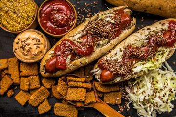Hot dog cabbage seeds flax wooden fast food taste dish dinner lunch lunch 