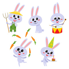 Vector set of cartoon funny hare isolated on white background.