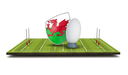 Wales rugby shield flag icon with rugby ball. 3D Render