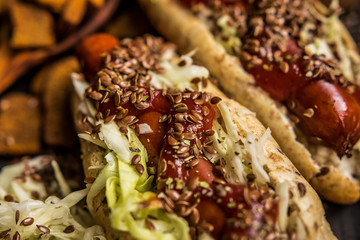 Hot dog cabbage seeds flax wooden fast food taste dish dinner lunch lunch 