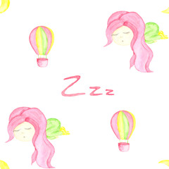 watercolor pattern with sleeping girl with pink hair in pajamas, month, star, balloon, sweaters, pillows