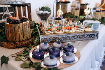 Delicious desserts and cake with blueberries, strawberries and chocolate on a beautifully decorated table with wooden elements