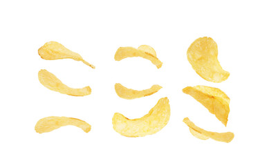 Potatoes becomes potato chips isolated on white background