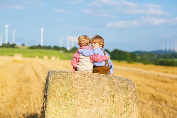 Naklejka na ściany i meble Two little kid boys, twins and siblings sitting on warm summer day on hay stack in wheat field. Happy children playing together. Best friends, family, happiness. Kids in traditional bavarian clothes.
