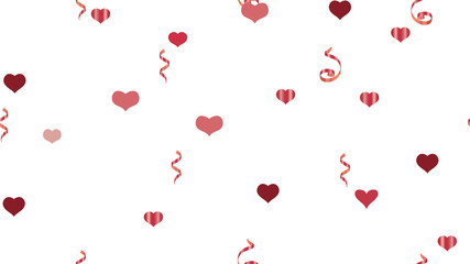 Scattered Red confetti. The foundation of packaging, textiles, wallpaper, banner, printing. Festive Pattern of Hearts and Serpentine. Vector Seamless Pattern on a White Background.