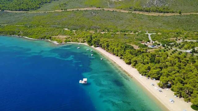 Aerial bird's eye view video taken by drone of exotic seascape and sandy beach with turquoise clear waters and pine trees, Gregolimano, North Evoia island, Greece