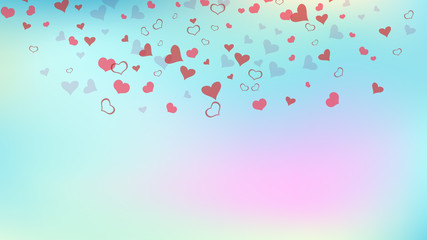 Happy background. Design element for wallpaper, textiles, packaging, printing, holiday invitation for birthday. Red hearts of confetti crumbled. Red on Gradient background Vector.