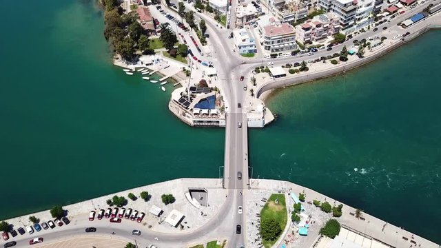 Aerial drone video of new famous public strait cable bridge of Halkida or Chalkida connecting mainland with Evoia island, Greece