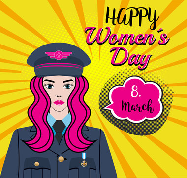 Women ´s Day - 8.march - Woman Character Design ideal for a greeting card, flyer, poster, banner, web or template. Pinup pink hair woman - soldier, pilot, captain in the air force - us army. Comics.