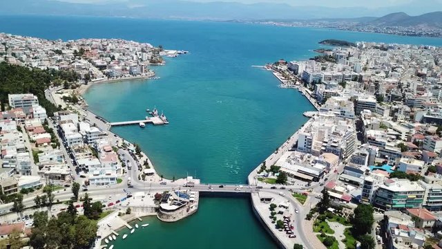 Aerial drone video of new famous public strait cable bridge of Halkida or Chalkida connecting mainland with Evoia island, Greece