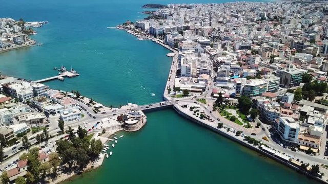 Aerial drone video of new famous public strait cable bridge of Halkida or Chalkida connecting mainland with Evoia island, Greece