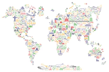 World Travel Line-Icons-Karte. Reiseposter mit Tieren und Sehenswürdigkeiten. Inspirierende Vektor-Illustration. © moloko88