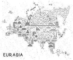 Eurasia Travel Line Icons Map. Travel Poster with animals and sightseeing attractions. Inspirational Vector Illustration