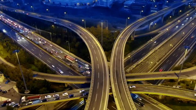 Aerial drone video of National road junction interchange motorway leading to Faliro and Piraeus seaside area, Athens Riviera, Attica, Greece