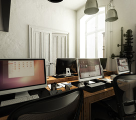 Büroraum im Altbau mit vielen Arbeitsplätzen 