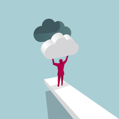 Businessman installs a cloud symbol. Through the springboard.