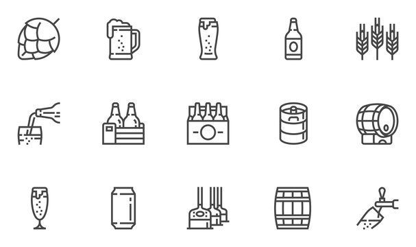 Brewery Vector Line Icons Set. Beer Bottle, Glass, Barrel, Six-pack, Keg, Mug. Pouring Beer from Tap into Glass. Editable Stroke. 48x48 Pixel Perfect.