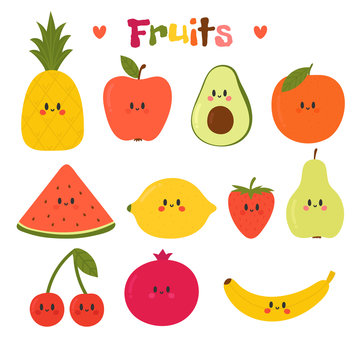 Cute hand drawn kawaii fruits. Healthy style collection. Flat style. Vegetarian food. Cartoon