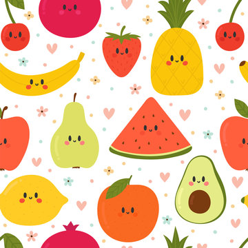 Cute seamless pattern with cartoon fruits. Creative healthy background. Kawaii. Modern stylish texture. Great for fabric, textile, wrapping