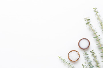 Bio herbal green cosmetic arrangement, sea salt and handmade cosmetic.