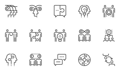 Synergy Vector Line Icons Set. Synergy Mind, Human Interaction, Exchange of Views, Team Collaboration, Business Cooperation. Editable Stroke. 48x48 Pixel Perfect.