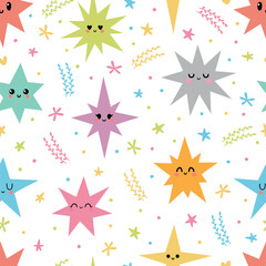 Sweet seamless pattern with colorful smiley stars. Romantic print. Cute hand drawn background