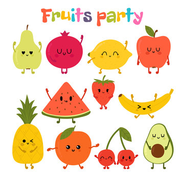 Party with dancing fruits. Cute hand drawn kawaii fruits. Healthy style collection. Flat style. Vegetarian food. Cartoon