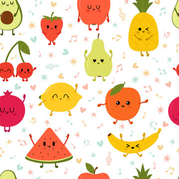 Seamless pattern wiyh dancing fruits. Cute hand drawn kawaii fruits. Healthy style collection. Flat style. Vegetarian food. Cartoon party