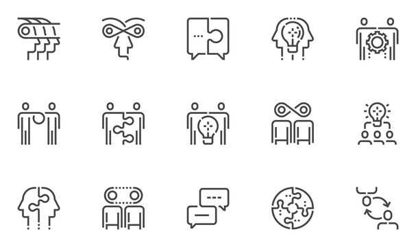 Synergy Vector Line Icons Set. Synergy Mind, Human Interaction, Exchange of Views, Team Collaboration, Business Cooperation. Editable Stroke. 48x48 Pixel Perfect.