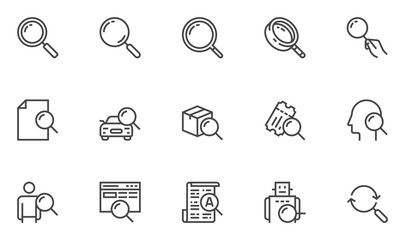 Search Vector Line Icons Set. Search for Documents, Goods, Tickets, Employees. Search Bot, Intelligent Search. Editable Stroke. 48x48 Pixel Perfect.