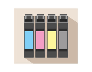 Vector flat simple icon of cmyk ink cartridges which consist of cyan, magenta, yellow and black in a pastel design with dark shadow on a light brown background. Icon of toner or inkjet cartridges.