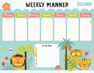 Weekly calendar planner with jungle animals