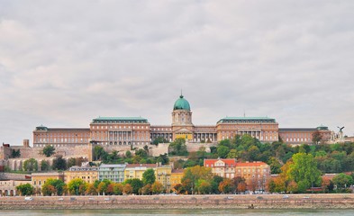 View from danube river of Buda Castle Royal Palace on Hill. Budapest Royal King Castle and palace complex skyline at morning time. Hungary Europe architecture famous landmark historical part city.