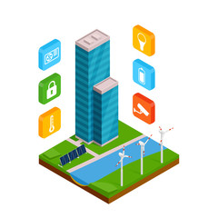 Fototapeta premium Isometric smart building with outline black icons on smart phone. Isometric house.