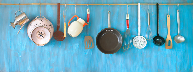 Kitchen utensils for commercial kitchen, restaurant,cooking, kitchen and food concept. - obrazy, fototapety, plakaty