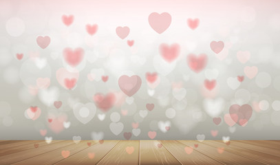 Abstract background of red heart floating over wooden texture with light blurred bokeh of red heart. Vector illustration.