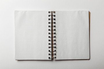 top view of opened notebook with blank squared papers on white background