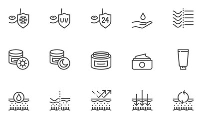 Skin Care Vector Line Icons Set. Skin Protection, Collagen, Medical Cosmetic, Sunscreen, Facial Cream, Healthy Skin. 24 Hour Face Care Protection. Editable Stroke. 48x48 Pixel Perfect.