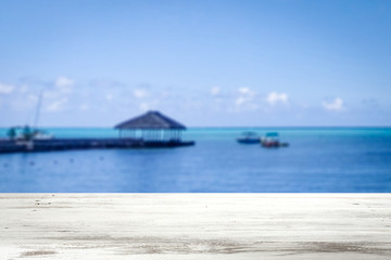 Desk of free space and sea landscape 