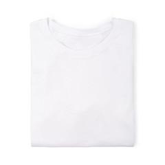 White folded t-shirt isolated on white background. Flat lay. Top view